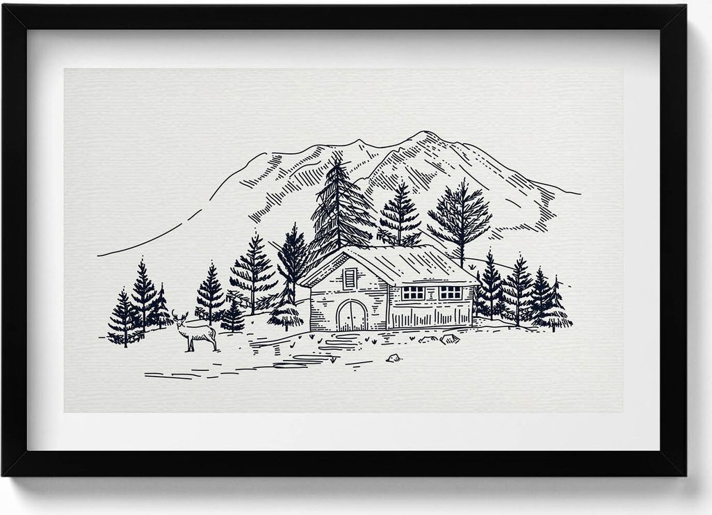 Zeichnung einer Hütte in den Bergen– Wandbild mit Rahmen – Gerahmtes Bild – Wanddekoration – 60x40 cm – Schwarz Rahmen