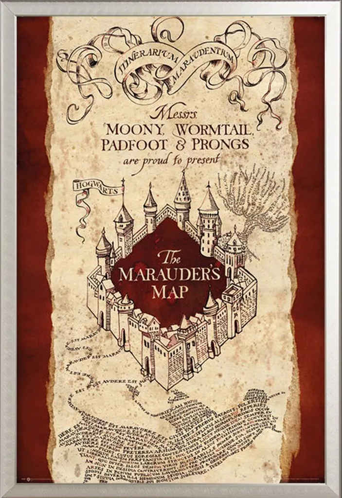 Harry Potter - Poster - Mappa dei Marauders + cornice rimovibile, Shinsuke® Maxi alluminio argento, vetro acrilico