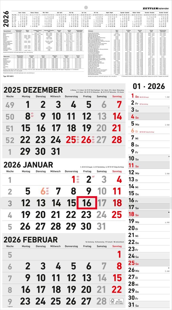 3-Monatskalender Kombi 2026 - Büro-Kalender 33x45 cm (geöffnet) mit Datumsschieber - Zettler - 957-0011