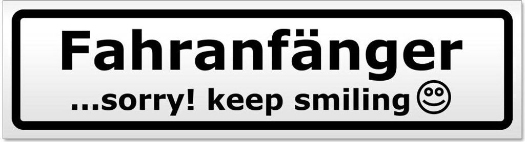 Kiwistar - Autoaufkleber - Schwarz - 20 x 5,3 cm - Fahranfänger Sorry! Keep Smiling - Hinweis Aufkleber Sticker für Auto, Kfz, Fahrrad, PKW, LKW