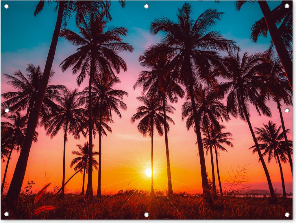 MuchoWow 120x90 cm Outdoor-Poster Gartendeko Sichtschutz Garten Poster für den Garten Palme - Sonnenuntergang - Horizont - Strand - Orange - Rosa