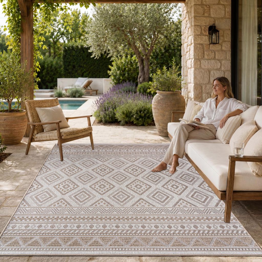 Outdoor Teppich Flachgewebe modern Boho Ethno wetterfest Produktbild 