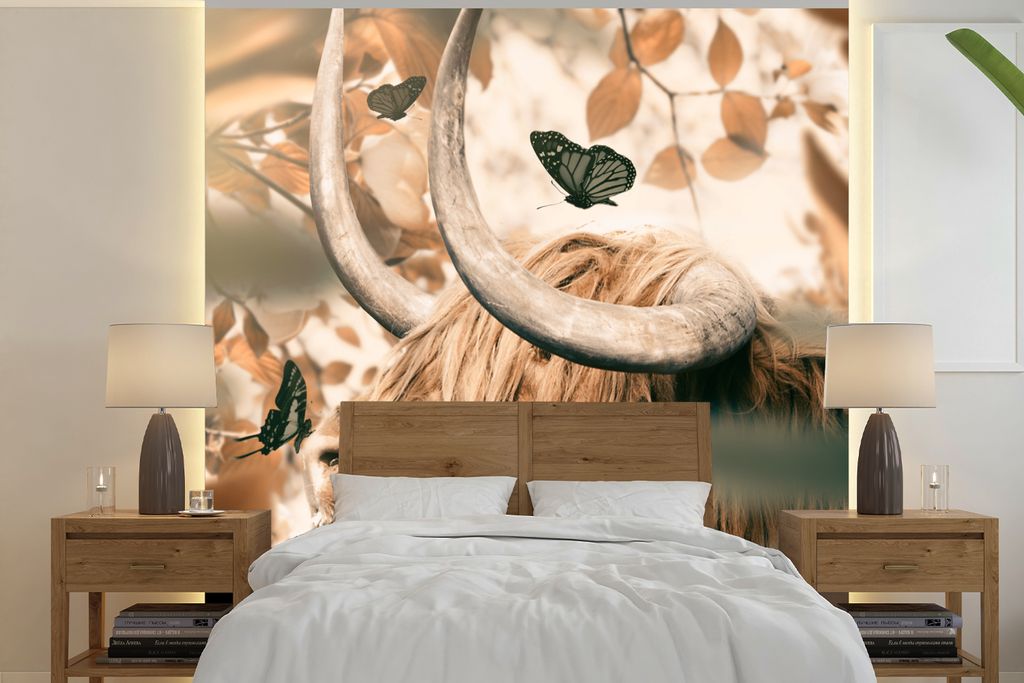 MuchoWow Fototapete für Wohnzimmer oder Schlafzimmer Wandtapete Vinyl Motivtapete Schottischer Hochländer - Schmetterling - Blätter - 220x220 ...