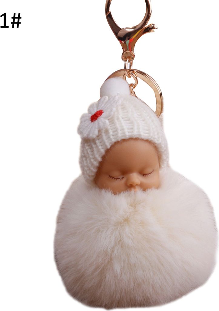 Süßes schlafendes Baby, flauschiger Pompon-Plüschpuppe, hängender Anhänger, Schlüsselanhänger-Beige