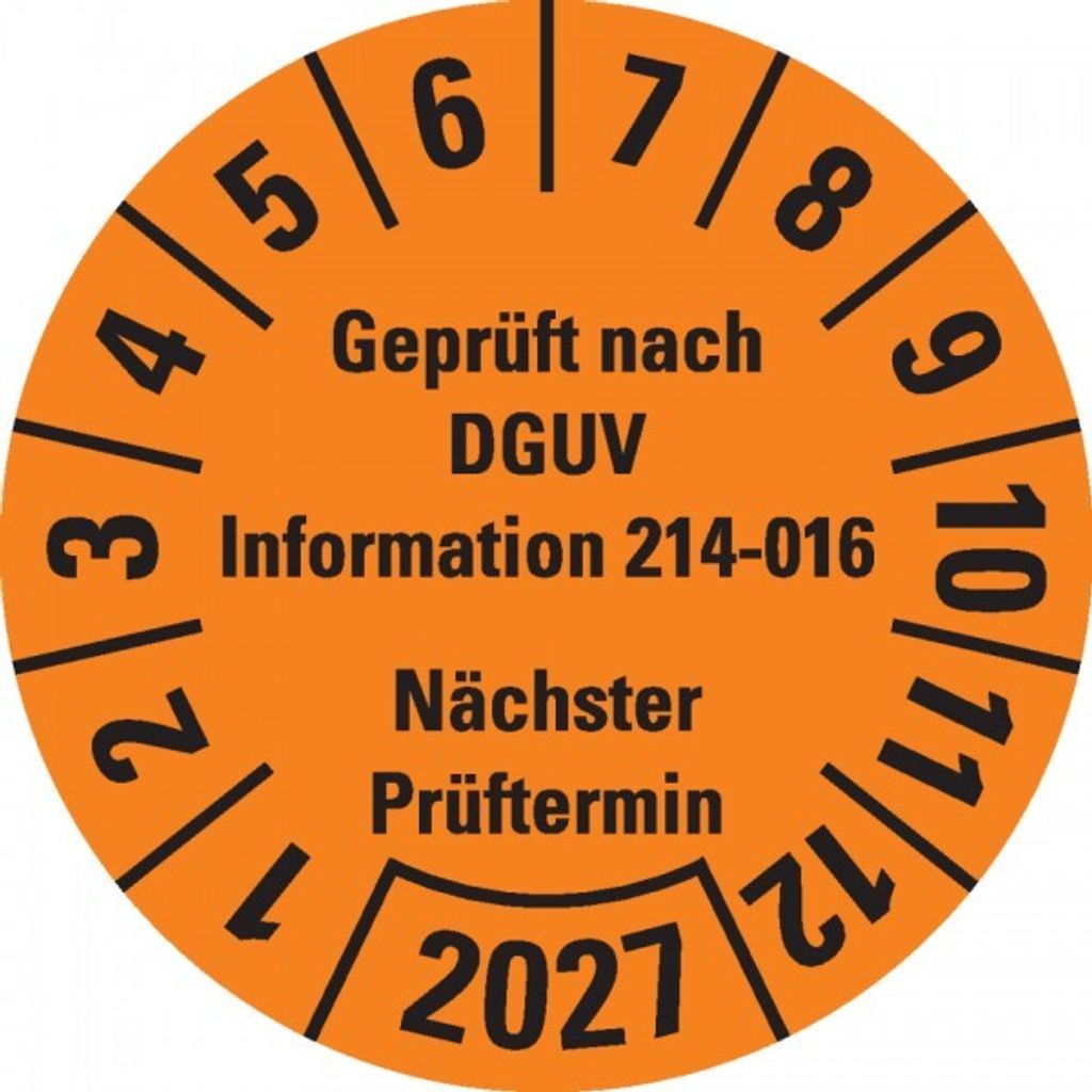 Dreifke Prüfplakette DGUV Info. 214-016 NP 2027,orange,Dokufolie,Ø 3...