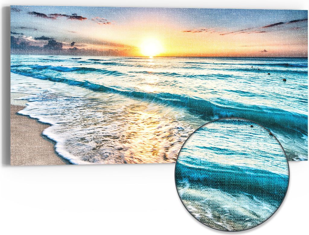 DEQORI Hybrid Leinwand Bild 60x30 cm 'Küste im Morgenlicht' Wandbild Glas flach modern