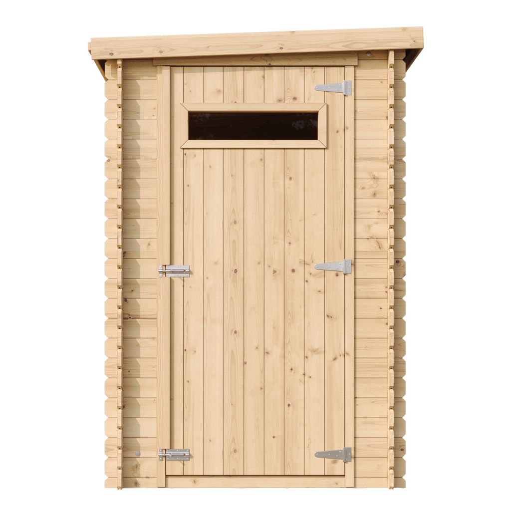 A wooden garden shed with a single door and a small window.