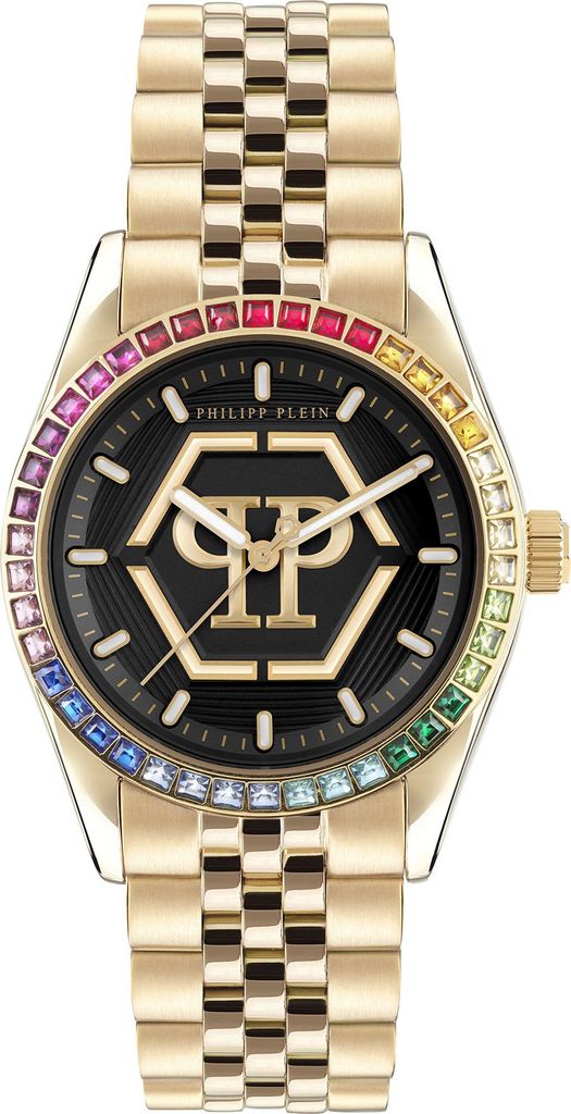 A close-up studio shot of a gold Philipp Plein analog watch with a black dial and a rainbow-colored bezel.
