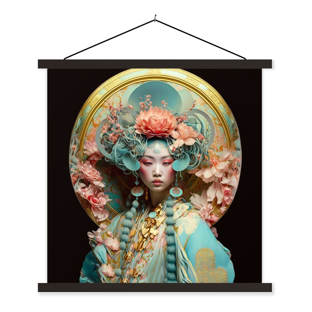 MuchoWow Textilposter Frau - Blumen - Rosa - Porträt - Asiatisch 40x40 cm mit schwarzem Rahmen - Fotos