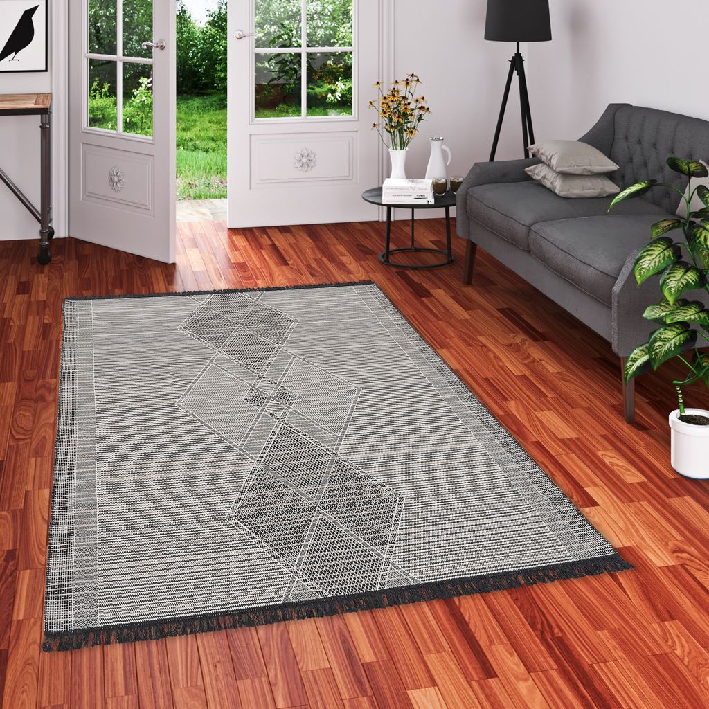 Designer Teppich Beidseitig Ethno Kelim Schwarz Weiss Meliert, Größe:200x290 cm