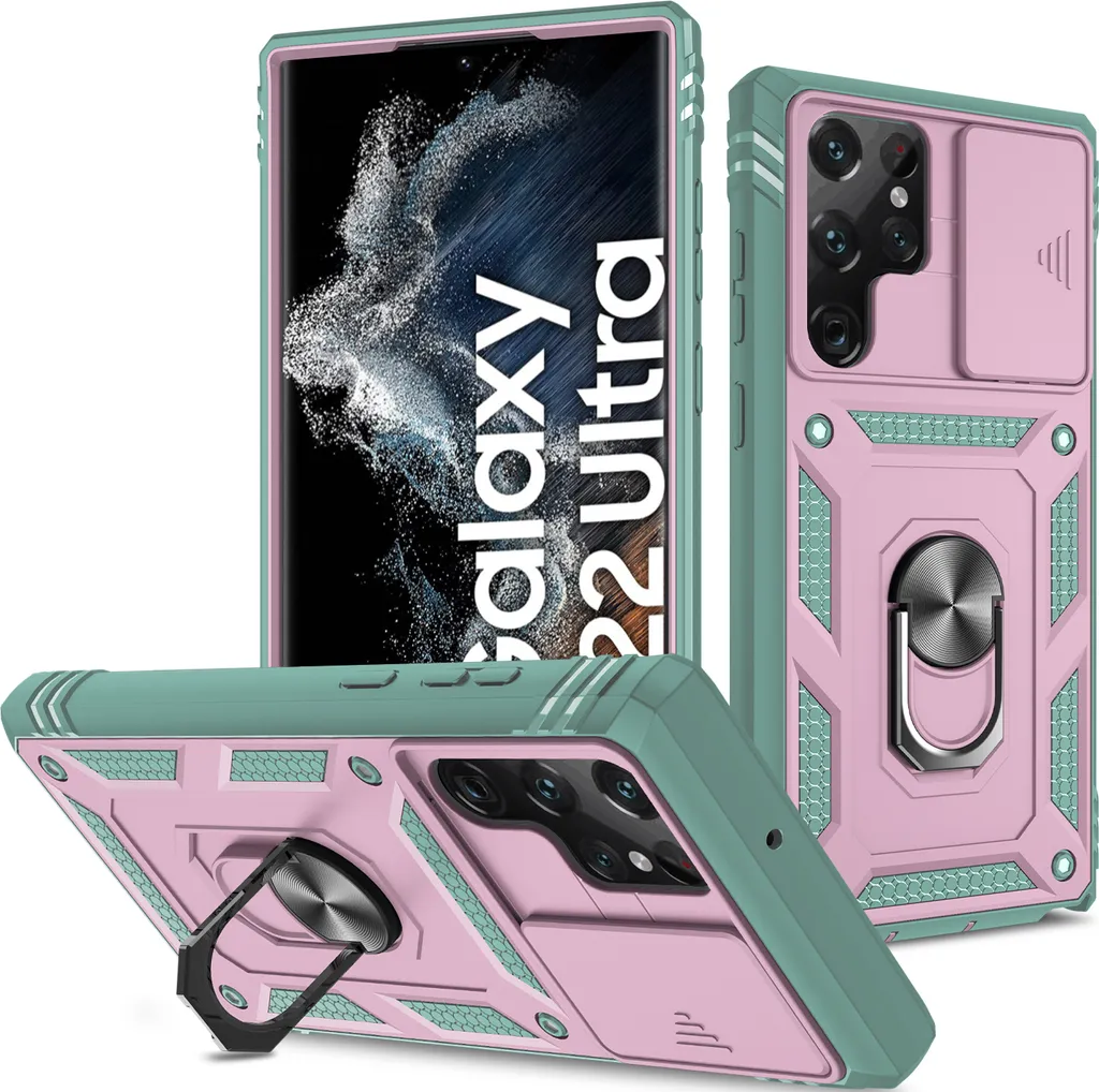 Cover Samsung S23 Protezione Fotocamera Verde Rosa con Anello e Porta Carte