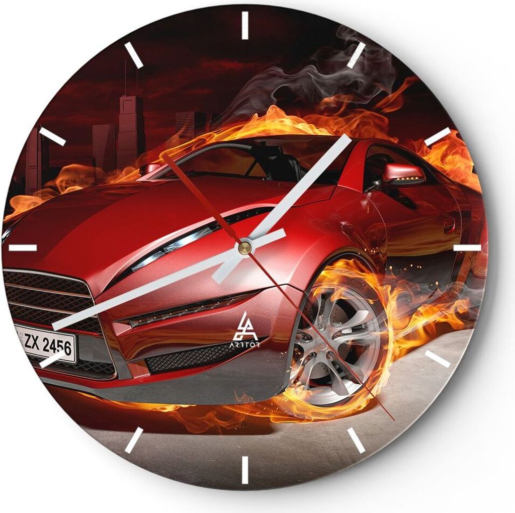 Wanduhr - Rund - Glasuhr - Auto Flammen Rot - 40x40cm - Schleichendes Uhrwerk - Lautlos - zum Aufhängen bereit - Dekoration Modern - Wanddekoratio...