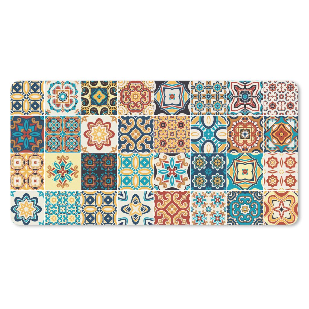 MuchoWow Schreibtischunterlage Blumen - Vintage - Muster - Blau - Orange 80x40 cm - XXL Mauspad - Gaming Mauspad