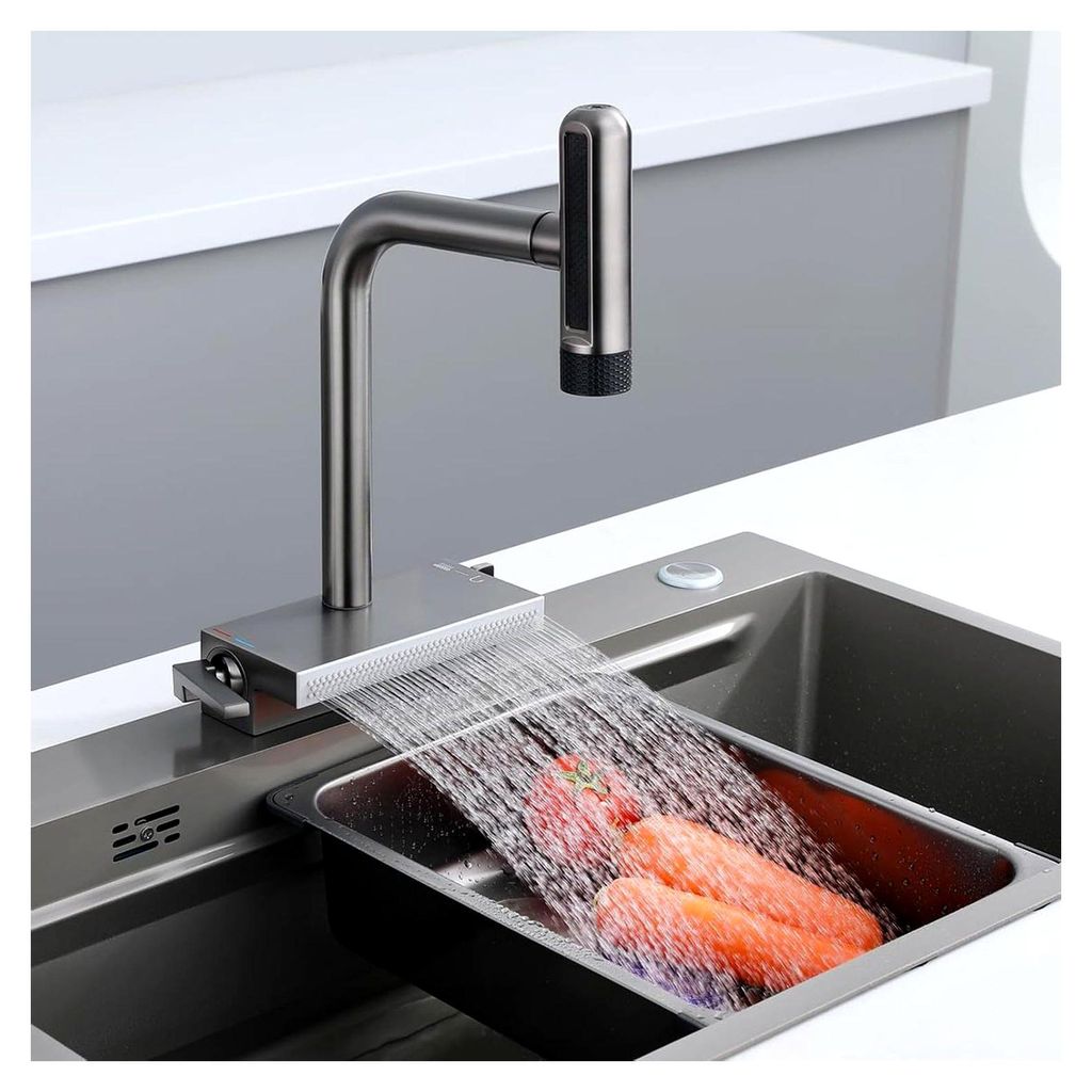 Wasserfall Küchenarmatur mit ausziehbarer Brause, 7 Modi, 360° drehbar, Edelstahlarmatur mit breitem Wasserfallauslauf, Pistolengrau