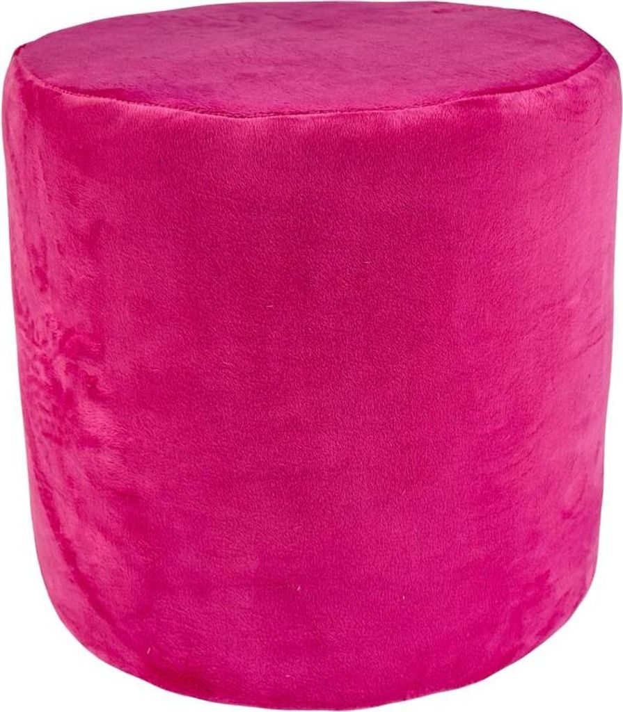 A fuchsia velvet ottoman is shown against a white background.
