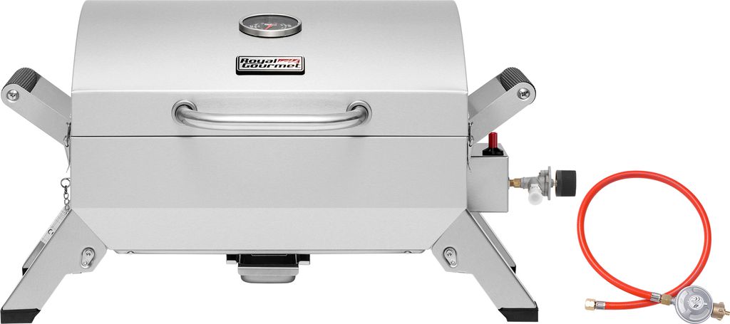 A silver portable gas grill with a red hose and regulator is shown against a white background.