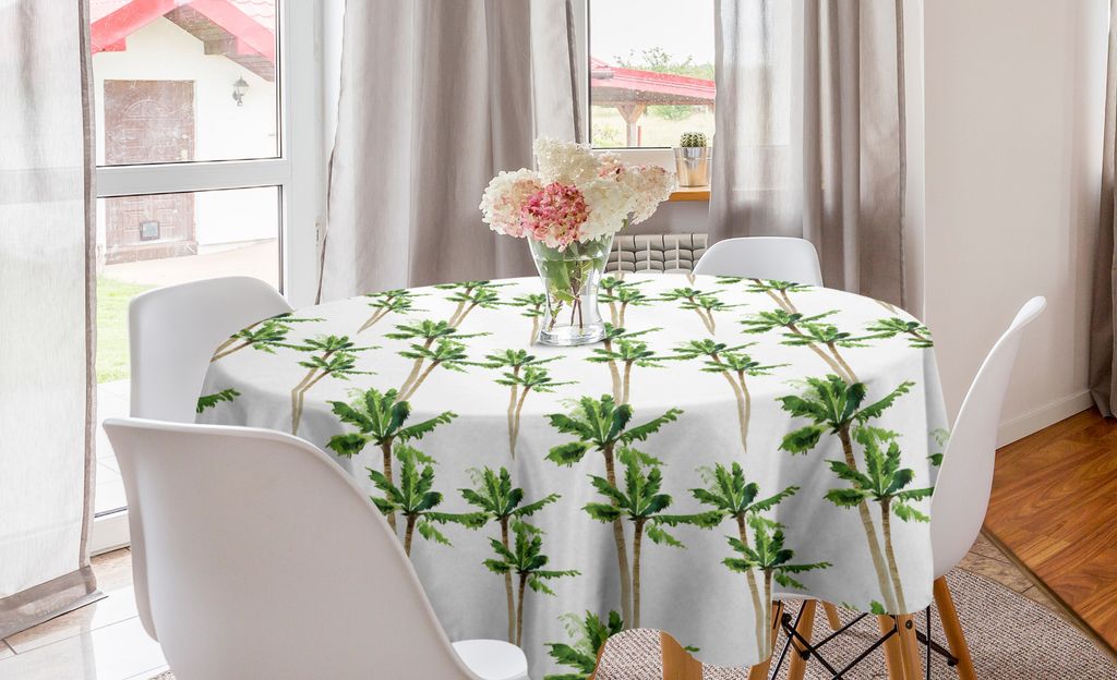 ABAKUHAUS Palme Runde Tischdecke, Wald in den Aquarellen, Kreis Tischdecke Abdeckung für Esszimmer Küche Dekoration, 150 cm, Grüner Kakao und Weiß