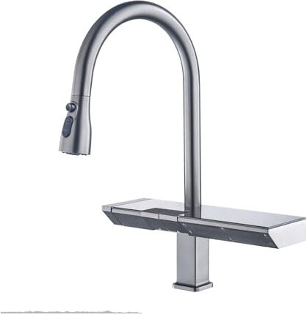 Luxus Digital Display Messing Küche Wasserhahn Pull-Out Design Wasserfall Wasser Auslass Einzelgriff Kalt-Heiß 2 Steuerhahn, CWXKGL, Chrom,