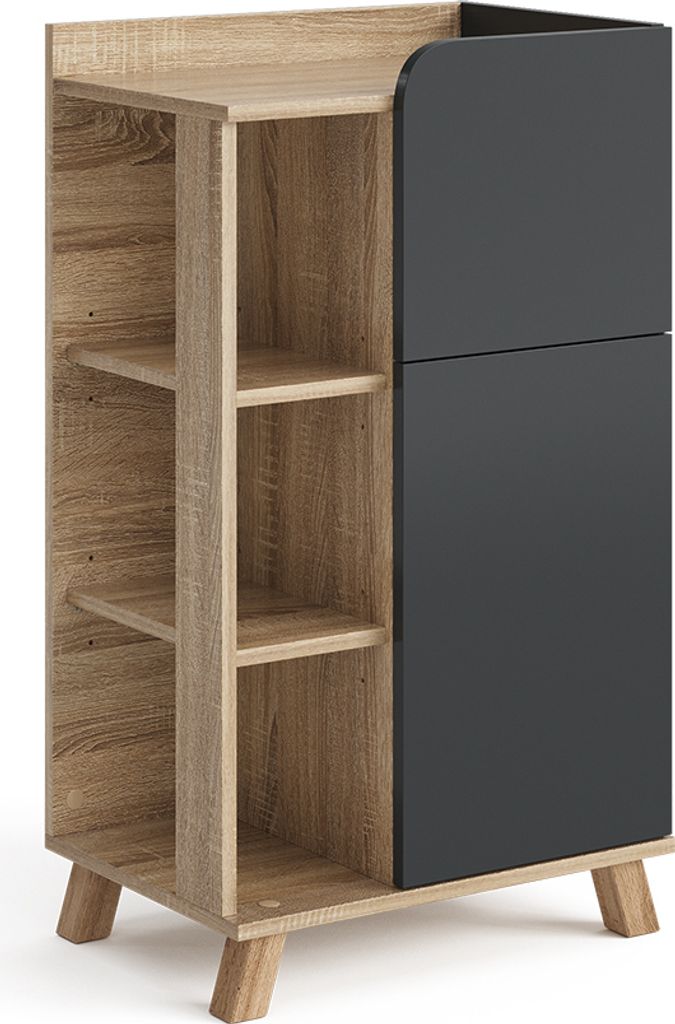 A product shot of a cabinet with shelves and a door.