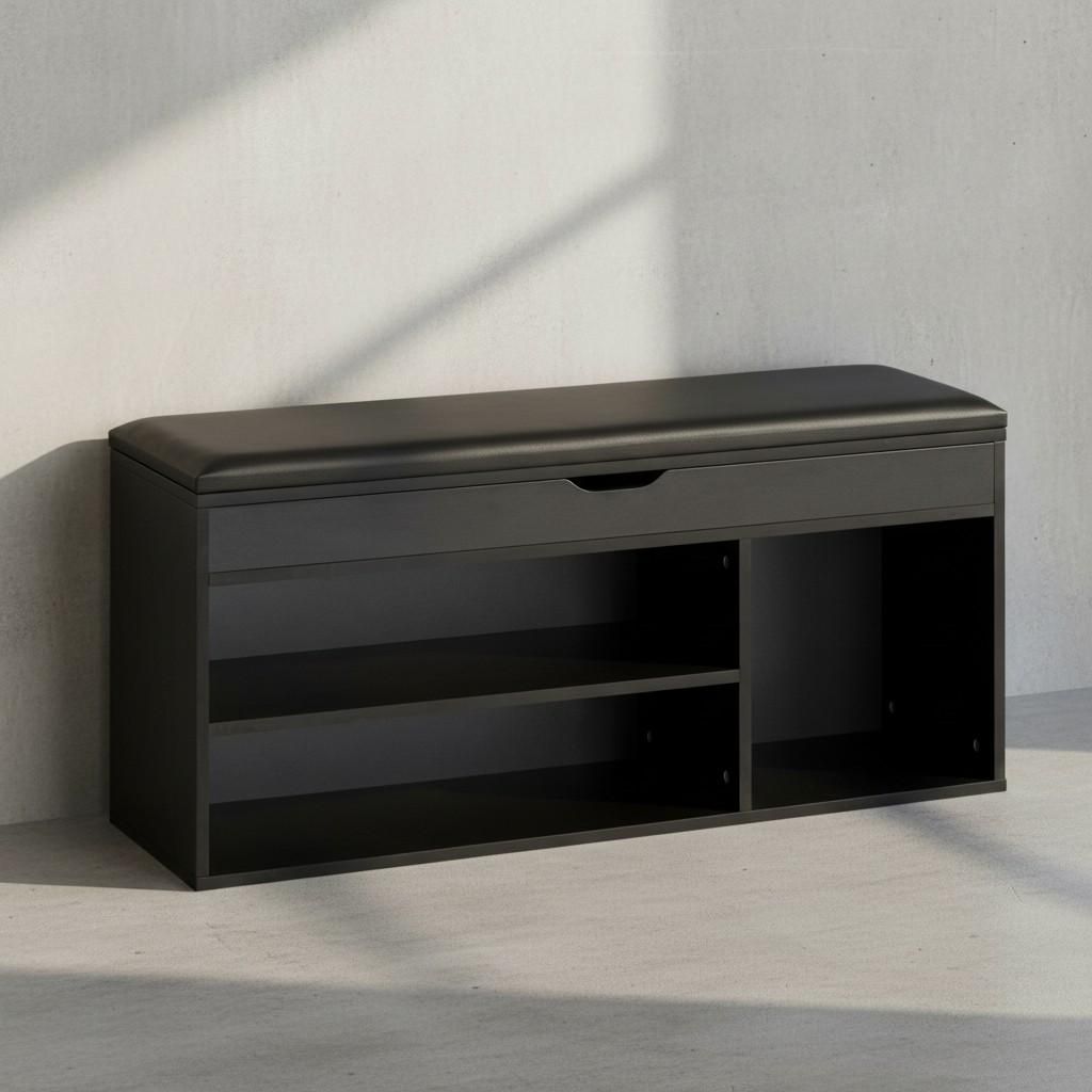 Schuhbank mit Sitzfläche Garderoben-Bank 104x51x32 cm Kunstleder Schwarz, Holzbank Klein Gepolstert, Sitzbank Schmal Flur mit Stauraum, Truhenbank...