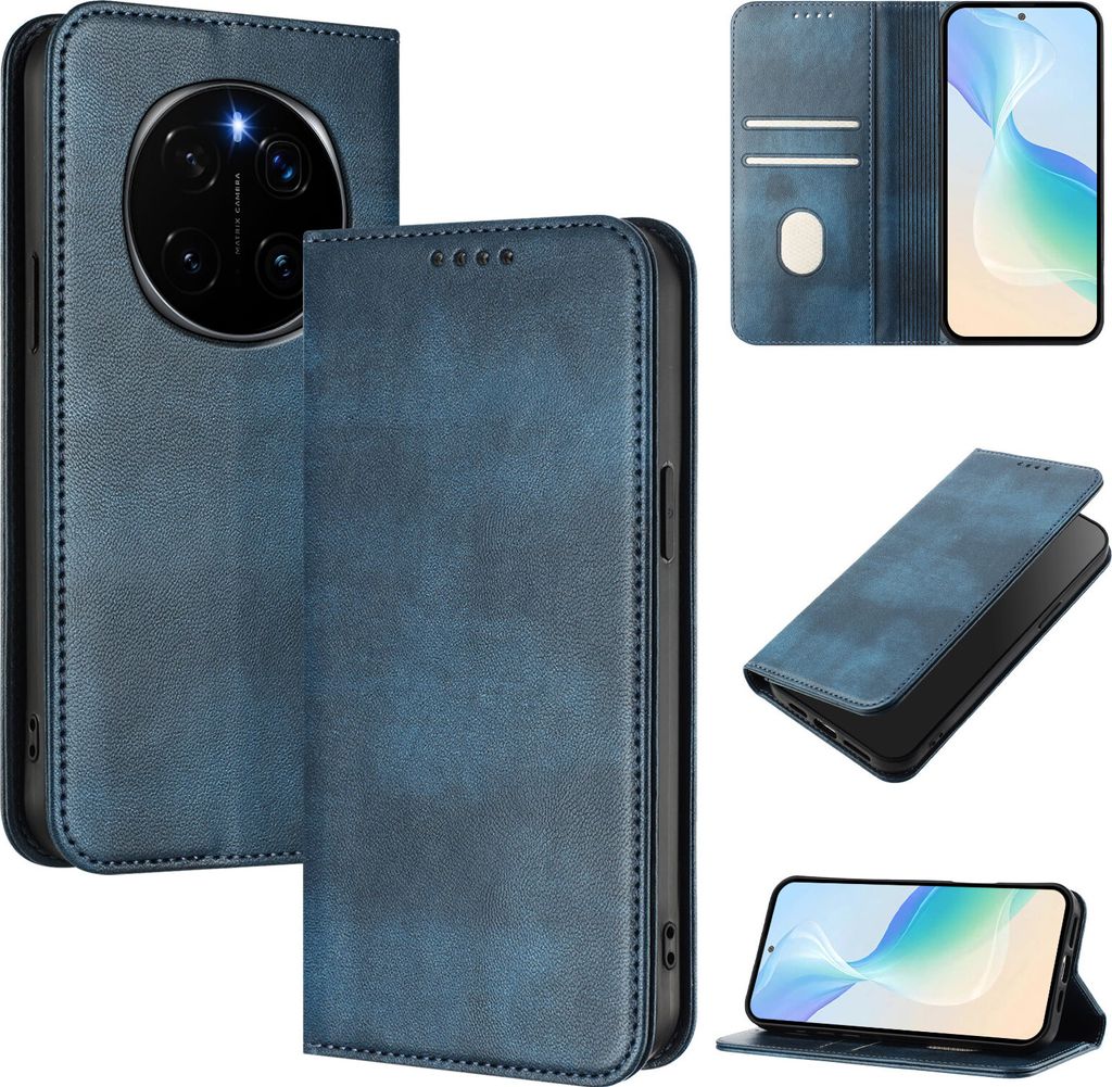 Handyhülle für Honor Magic7 Pro, Vintage Leder RFID Schutz Kartenfach Standfunktion Magnetische Klapphülle Blau