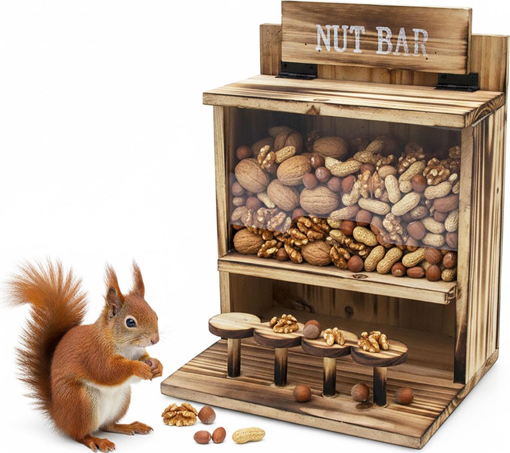 Eichhörnchen Futterstation NUT BAR aus Holz - 32 x 24 cm - Garten Deko Futterspender mit Klappdeckel - Futterhaus Eichhörnchenhaus