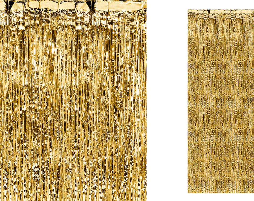 Two gold tinsel curtains are shown side-by-side against a white background.