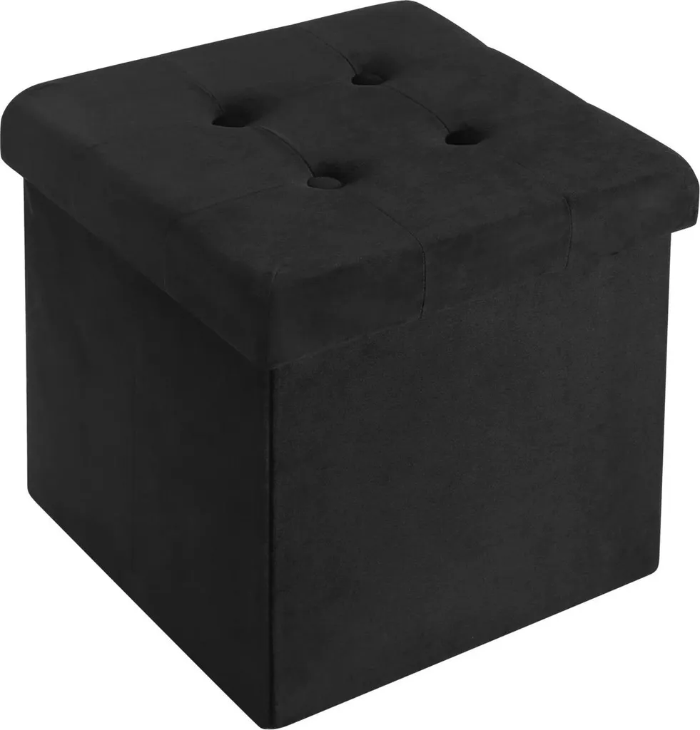 Sgabello con contenitore - Pouf pieghevole - Velluto - 37,5 x 37,5 x 38 cm - Capacità 40 litri - Portata 300 kg - Struttura in MDF massiccio - Nero