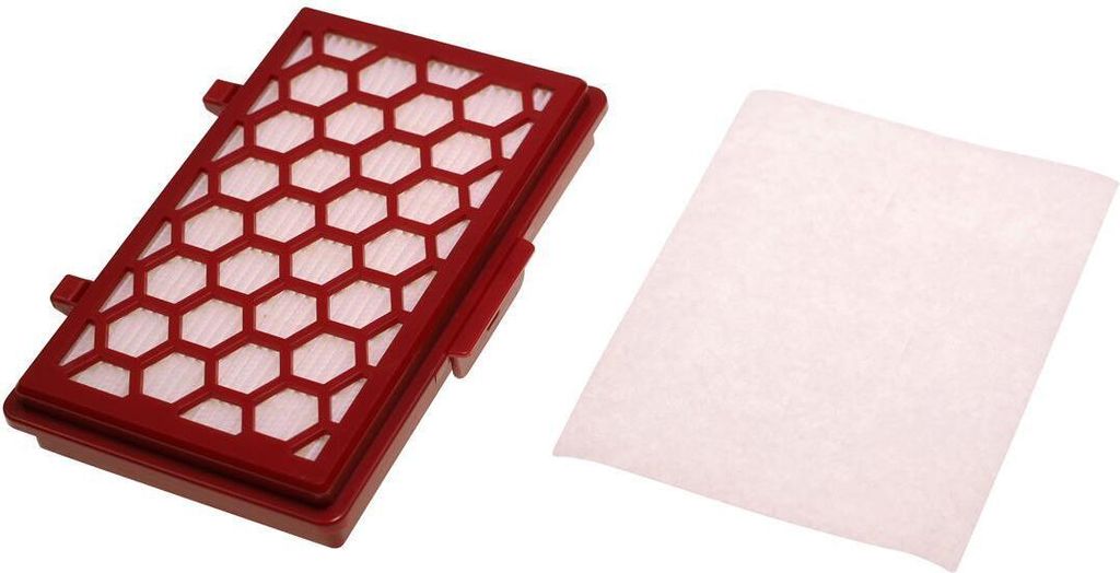 A red frame filter with a white honeycomb pattern and a separate white filter pad are placed on a white background.