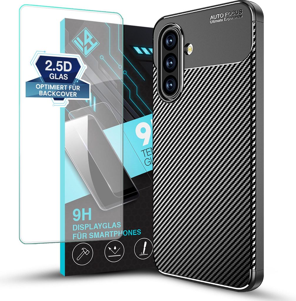 Handy Hülle für Samsung Galaxy A17 / A17 5G mit 9H Displayglas Displayschutz Plus Carbon Look Cover Case Schutzhülle Farbe: Schwarz
