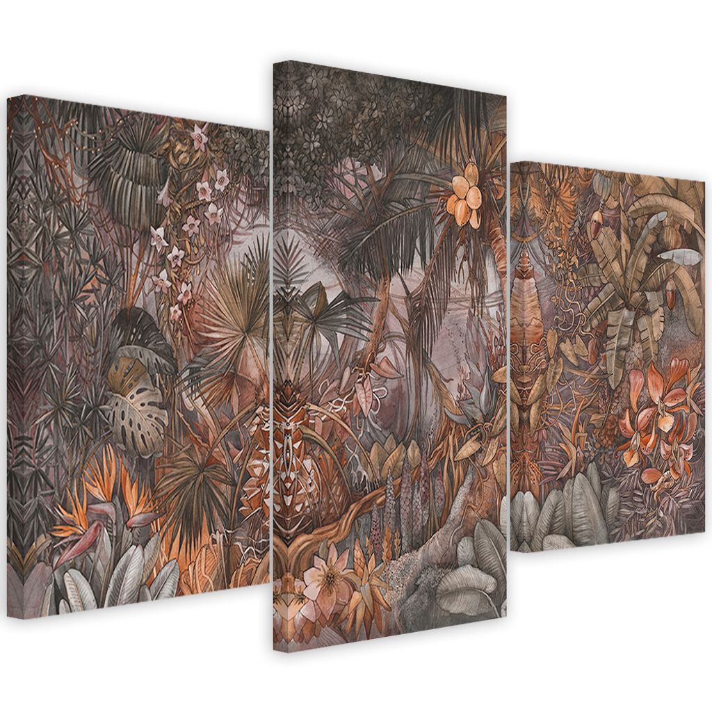 Triptychon auf leinwand tiefer dschungel 90x60 cm Feeby grau wandbild bereit zum aufhängen