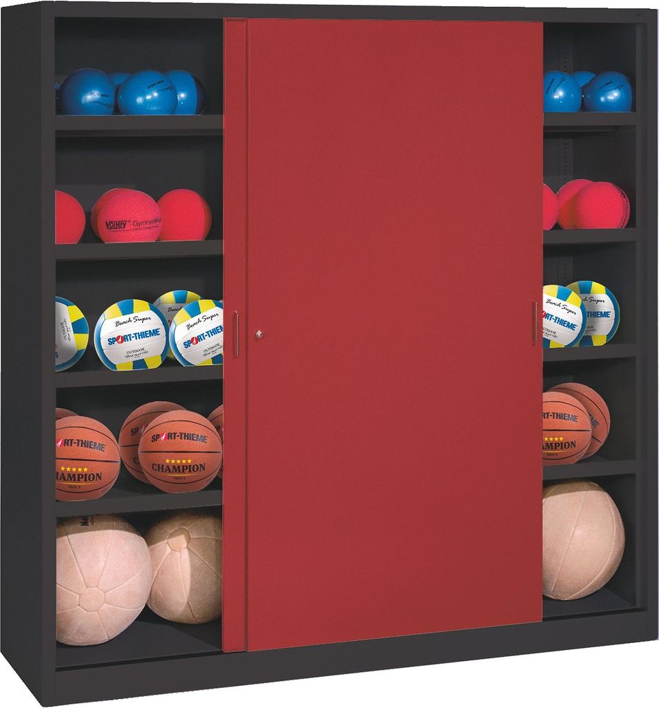 C+P Ballschrank mit Vollblech-Schiebetüren (Typ 4), HxBxT 195x160x50 cm, Rubinrot (RAL 3003), Anthrazit (RAL 7021), Gleichschließung