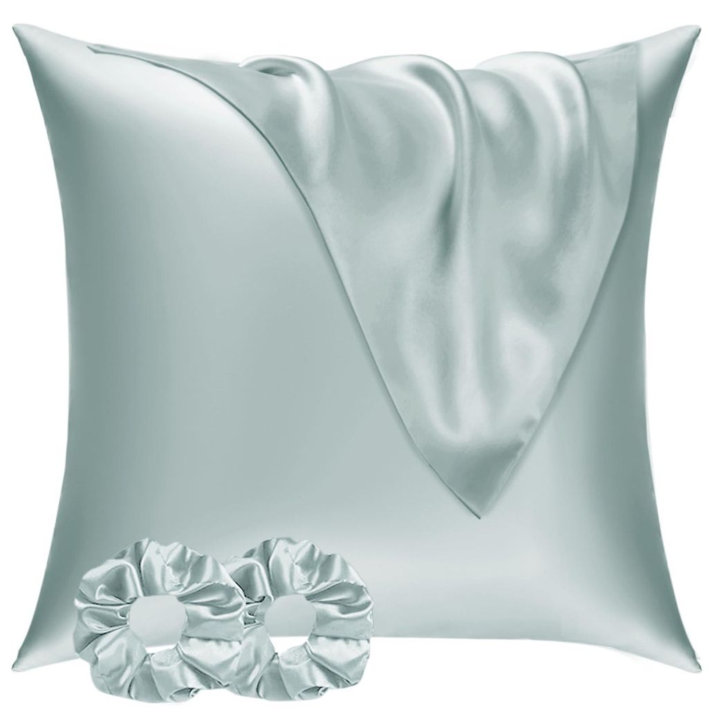 Satinkissenbezug 80x80 cm, 2er-Set, & 2 Haargummis; Satinkissenbezug 80x80 cm, grün; Seidenweicher Kissenbezug 80x80 cm; Pflegeleichter als ein Se...