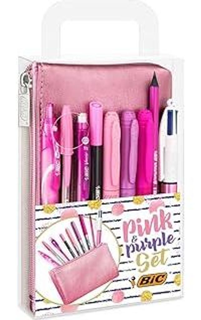 BIC Stifte Set: 2 Kugelschreiber, 1 Federmäppchen, 1 Fineliner, 2 Bleistifte, 1 Tintenroller & 3 Permanent Marker, Pink & Purple Set