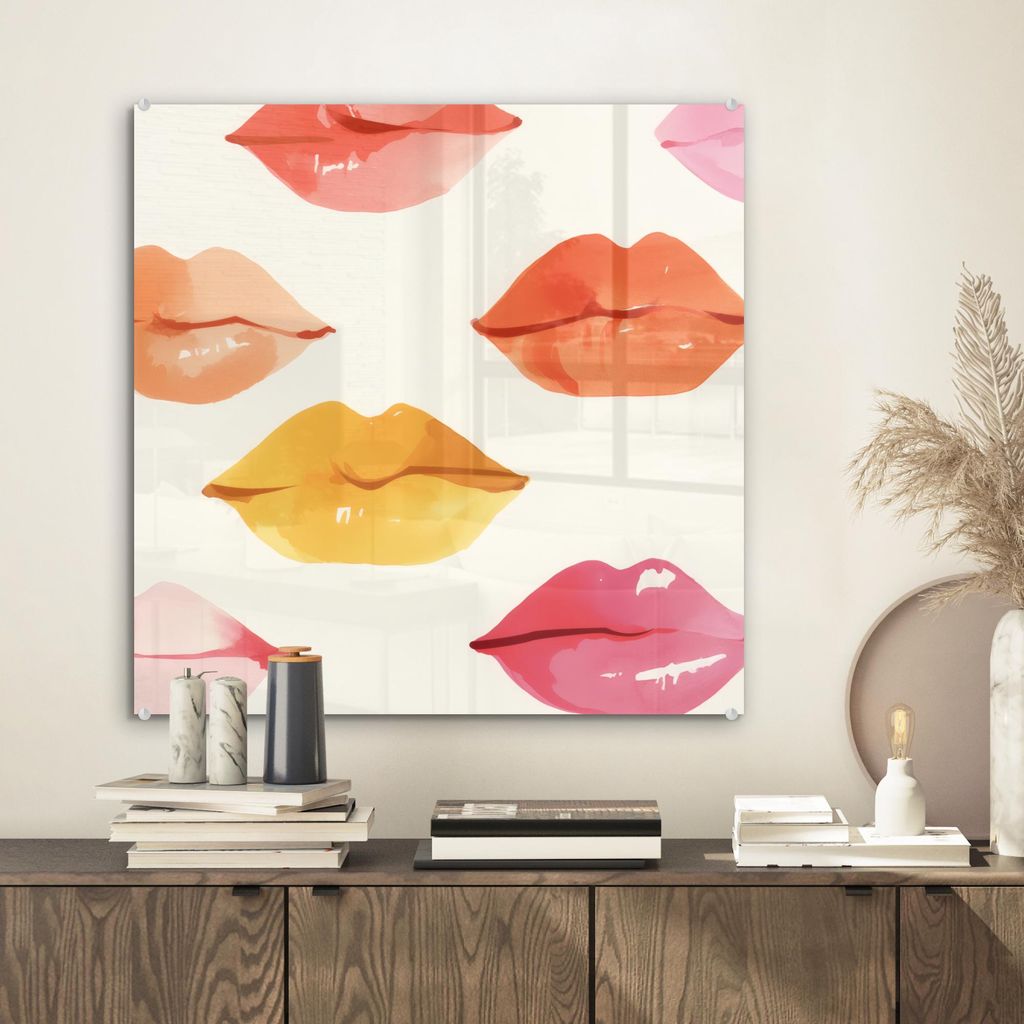 MuchoWow Glasbilder - Bilder auf Wandbild - Foto auf Glas Lippen - Bunt - Glänzend 50x50 cm Wanddekoration aus Glas - Acrylglasbild - Acrylbilder ...
