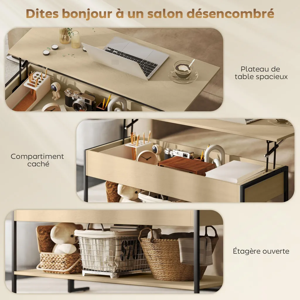 Table de salon avec plateau relevable et compartiment caché bois clair - 8