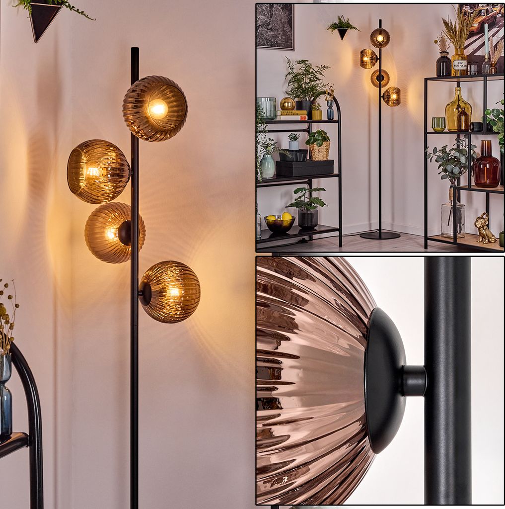 Cesaro Stehlampe aus Metall/Riffelglas in Schwarz/Kupfer, Vintage-Design