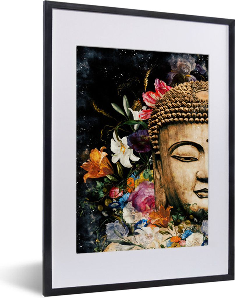 MuchoWow MuchoWow Gerahmtes Poster Buddha - Blumen - Statue 30x40 cm - Poster mit zchwarzem Bilderrahmen - Wandposter Schlafzimmer