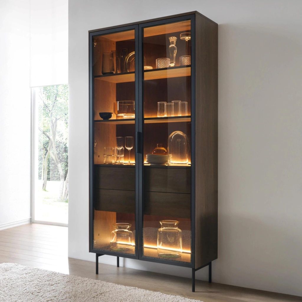 Vitrine Hoch LUMI 92 cm Eiche Dunin Braunes Antisol-Glas Produktbild 