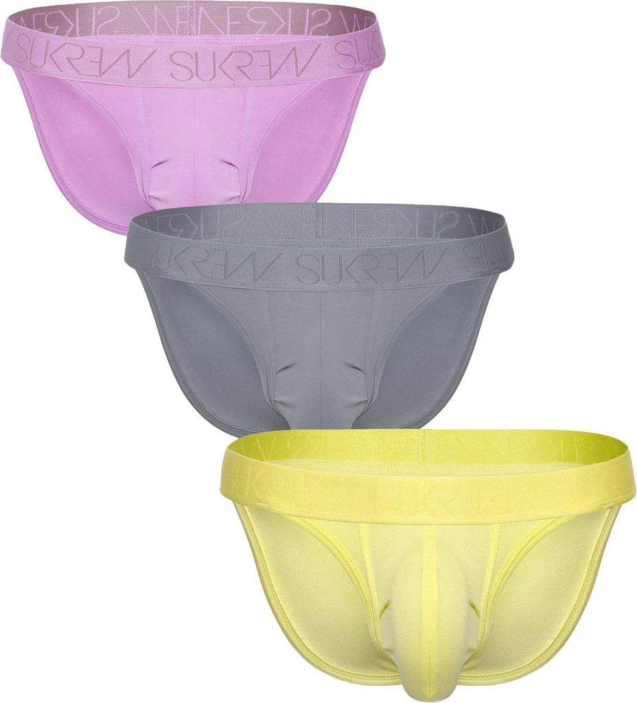 SUKREW - Herren Slip Unterwäsche - Tanga Vorteilspack Pale Magenta + Studio Grey + Blonde Yellow - Größe S