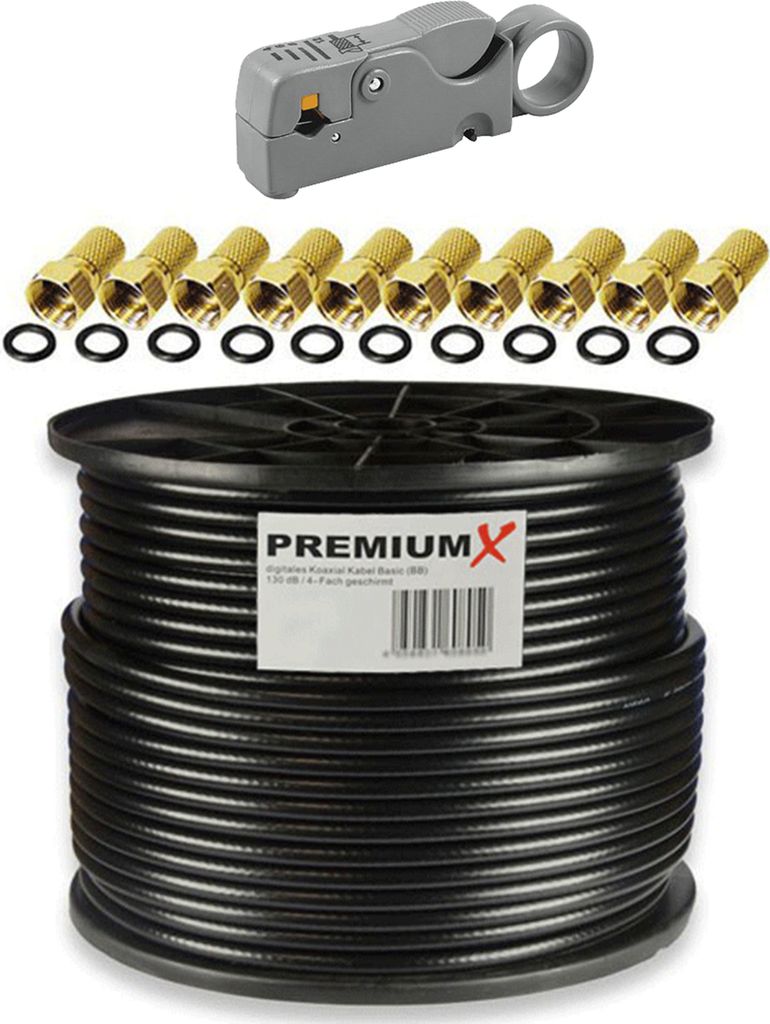 PremiumX 100m BASIC Koaxialkabel schwarz 135dB SAT Abisolierer 10x F-Stecker