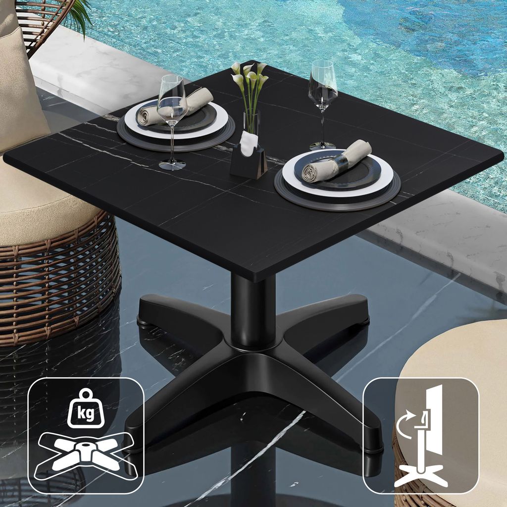 CPBL | Compact Loungetisch | B:T:H 60 x 60 x 42 cm | Schwarz-Marmor / Aluminium Schwarz | Klappbar | Zusatzgewicht | Bistro Loungetisch Gastro Tisch