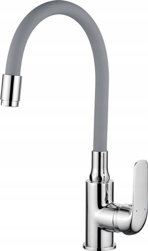 A kitchen faucet with a flexible gray hose and a chrome handle.