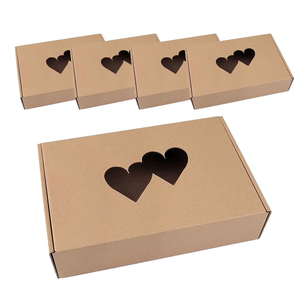 Geschenkschachtel 5er-Set Box Geschenkbox rechteckig Sichtfenster Herzform Farbwahl, Größe:25 x 17 x 6 cm, Motiv:2 Herzen natur