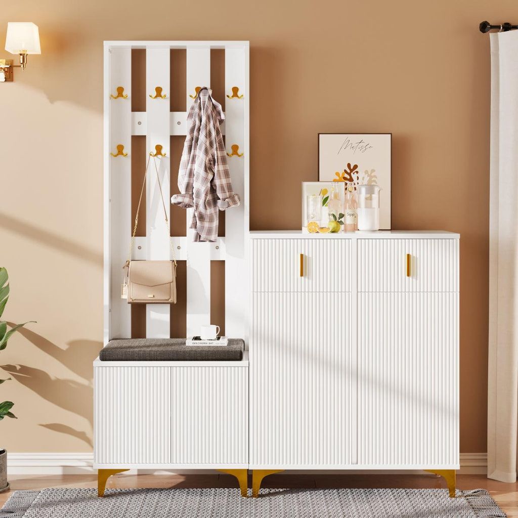 Garderoben-Set mit Schuhschrank & Sitzbank, Wellenfront, Push-to-Open, goldene Details, Weiß