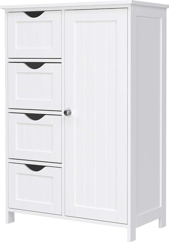 Badezimmer-Buffet aus Holz mit 4 Schubladen, Schranktür, verstellbarem Regal, Wohnzimmer, Küche, Flur, tief, freistehend, weiß