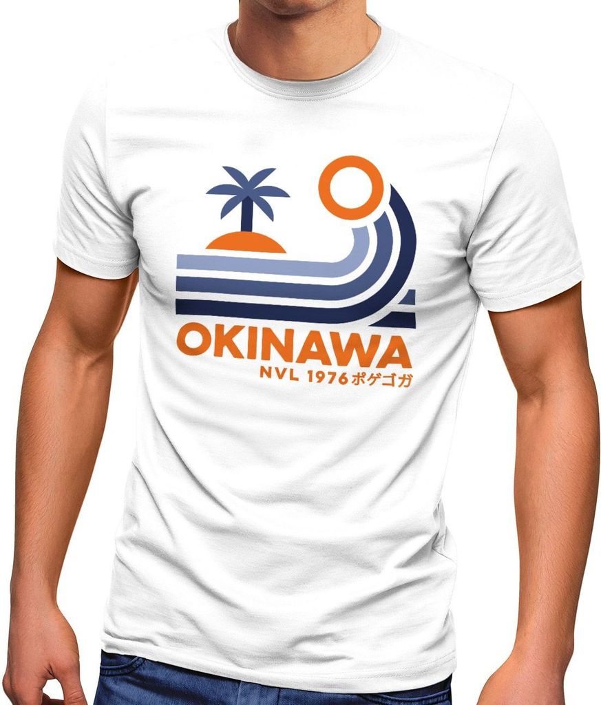 Herren T-Shirt Japan Okinawa Schriftzug Retro Palme Welle Fashion Streetstyle Neverless weiß M
