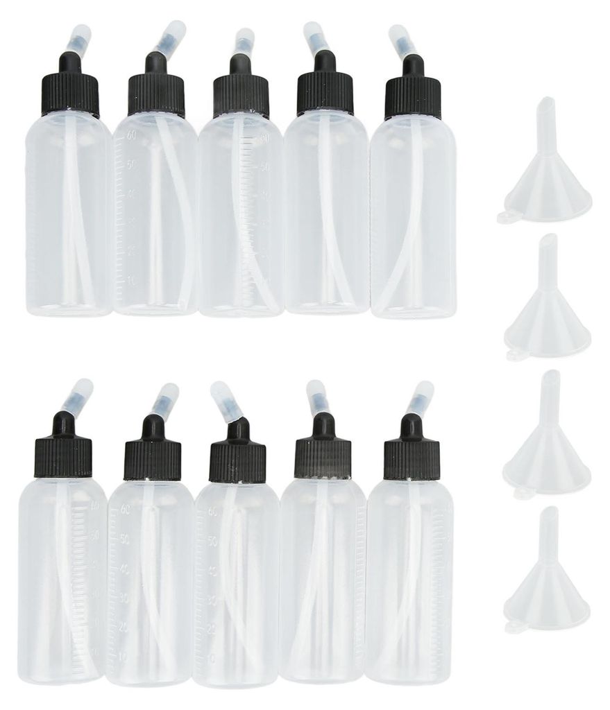 10 Stück Haarölflaschen 60 ml, auslaufsicher, hitzebeständig, transparent, mit Trichter
