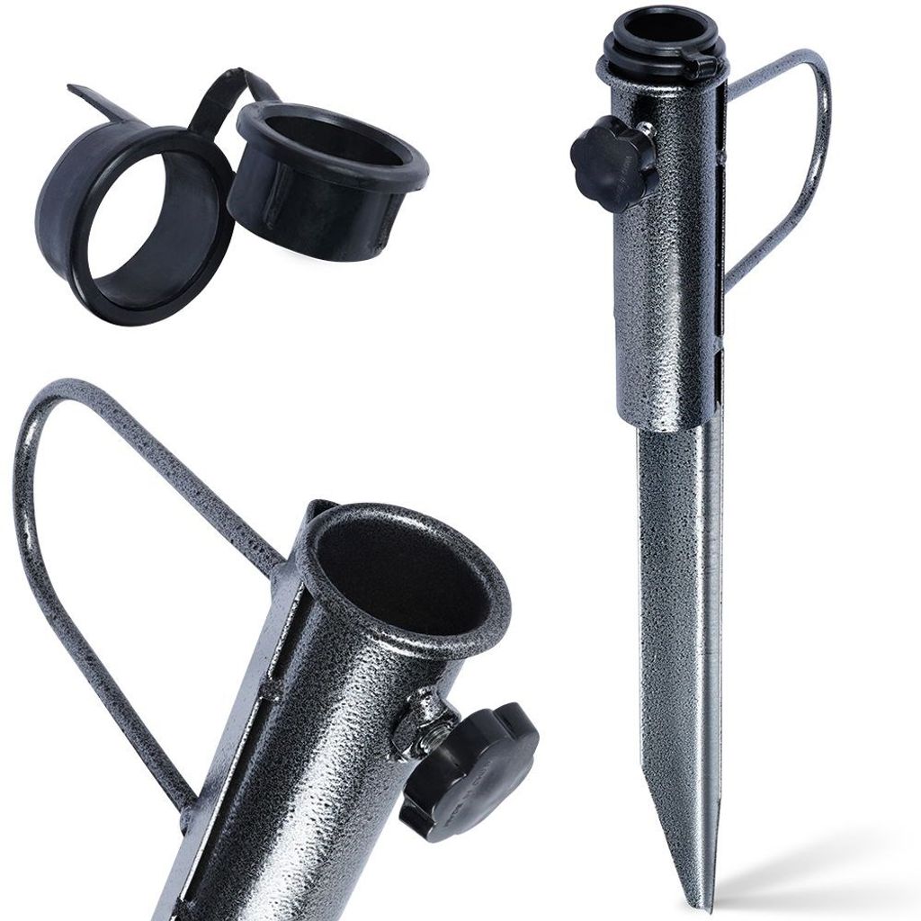 A product shot of a metal umbrella stand base and accessories against a white background.