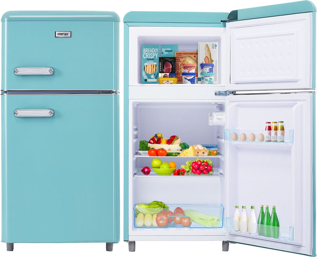 Merax Table Top Kühlschrank Retro Kühl-/Gefrierkombination BCD-100C, Metall Türgriff, verstellebare Ablage und Füße, Doppeltür und LED-Beleuc...